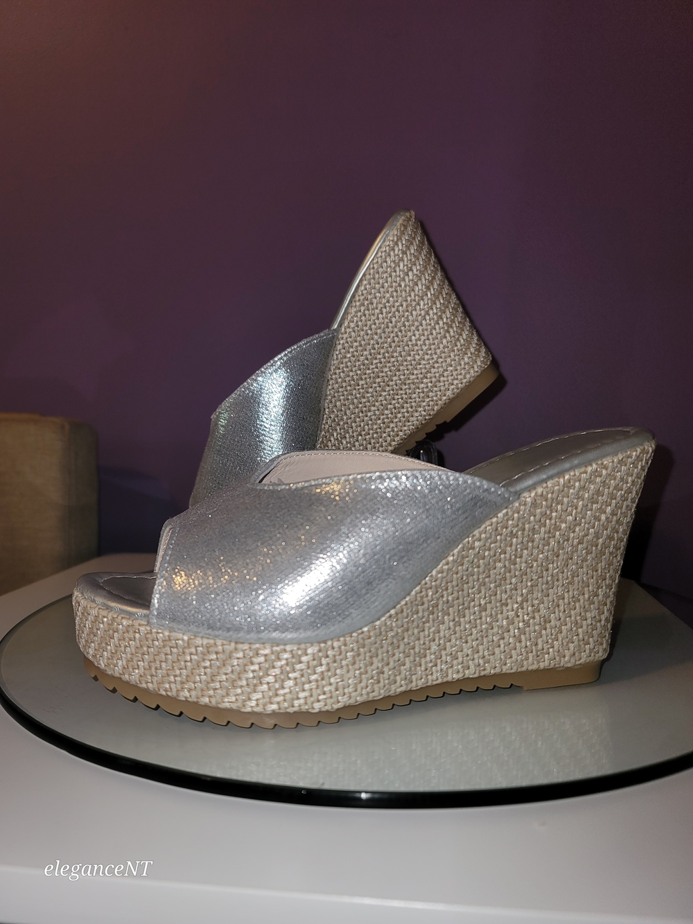 Silver Wedge Slide Sandals  Metallic Espadrille Wedges Sz: 8.5 (39) NWOT - Picture 4 of 9